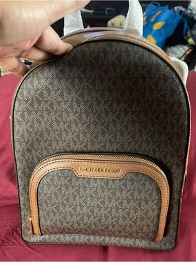 Michael Kors Brown MK Signature Mini Backpack with Tan Trim